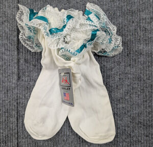 Vintage Nylon Socks Womens 8-9.5 Coquette Cream Teal Frilly Church Event Glam